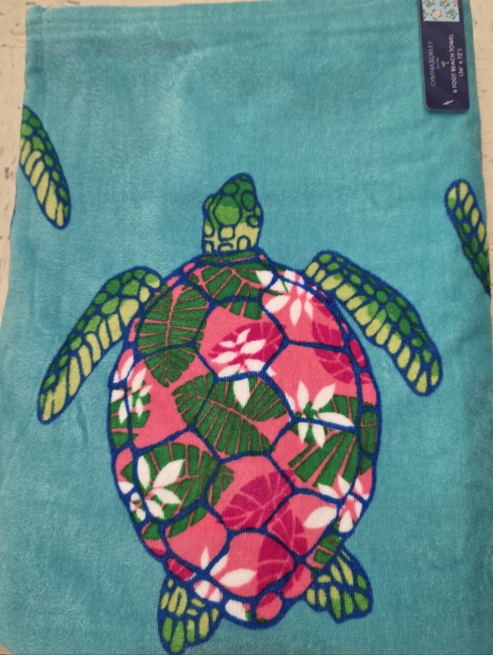 Cynthia Rowley Turquoise Beach Towel with Pink & Green Turtle-NWT